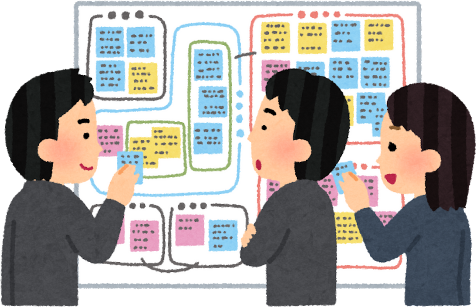 Illustration of Businesspeople Using KJ Method with Sticky Notes and Whiteboard